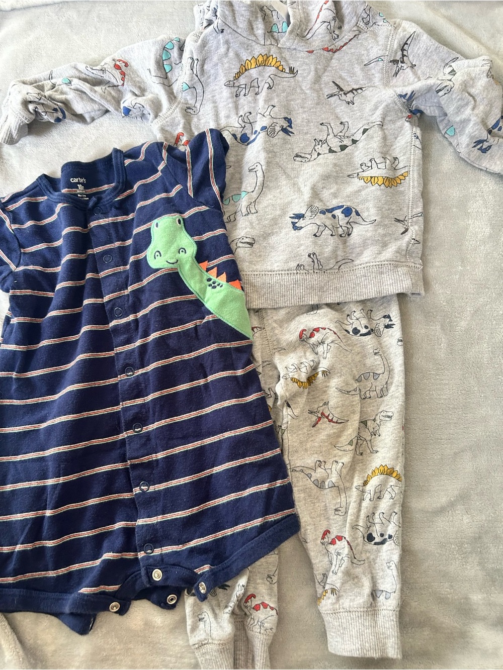 Carter's Navy Striped Romper & Gray Dinosaur Hoodie Pajama Set